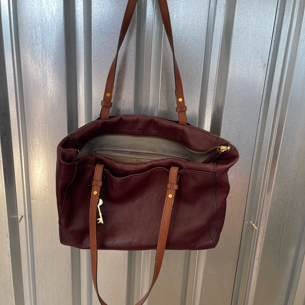 Rachel Fossil Top Zip Tote Leather Bag CLARET RED